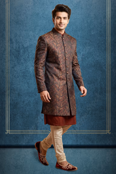 Maroon Jacquard Floral Indo-Western Sherwani Set — view 3 of 3