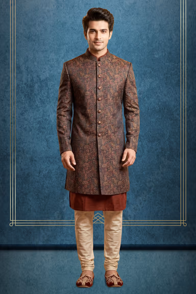 Maroon Jacquard Floral Indo-Western Sherwani Set — view 1 of 3