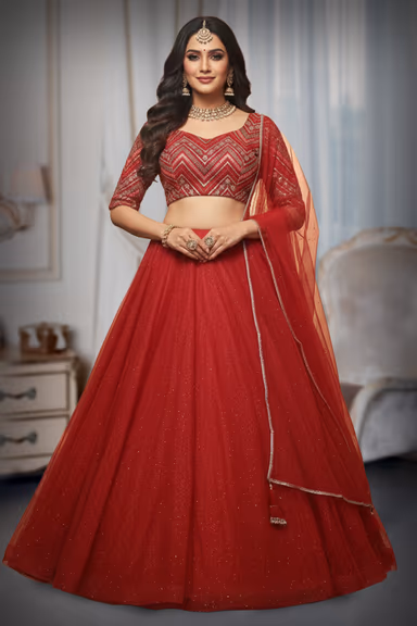 Red Semi Bridal Lehenga  , emroidered multi colour thread worked top with Dhuppatta — view 2 of 2