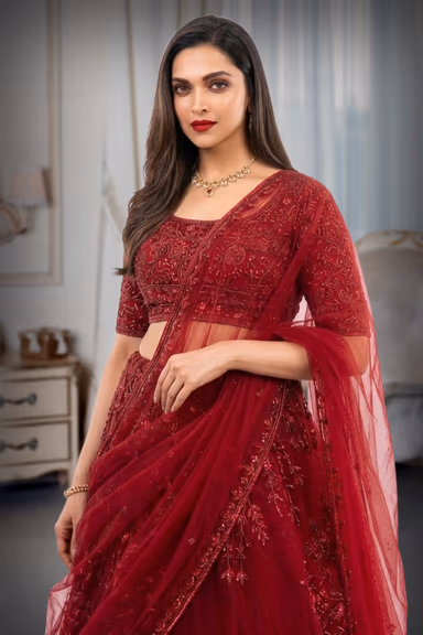 Sheer Net Red Lehenga With heavy surface Embellishment overall Bodice and skirtt — view 1 of 2