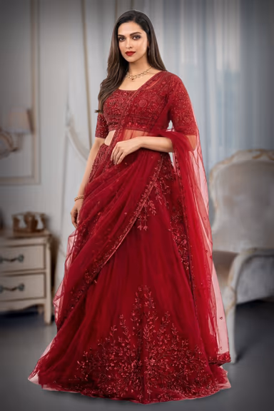 Sheer Net Red Lehenga With heavy surface Embellishment overall Bodice and skirtt — view 2 of 2