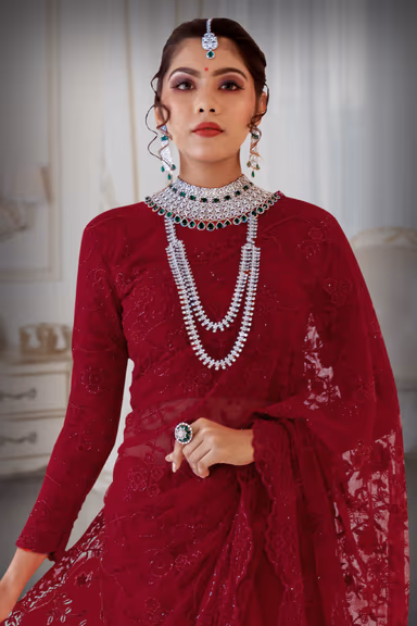 Red color cut bead and thread work saree — view 1 of 5