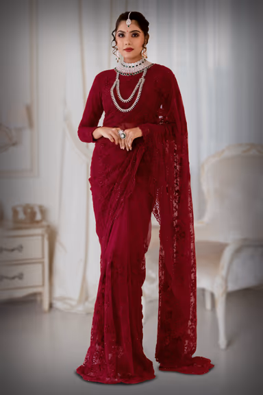 Red color cut bead and thread work saree — view 2 of 5