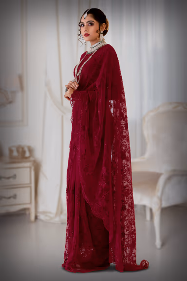 Red color cut bead and thread work saree — view 5 of 5