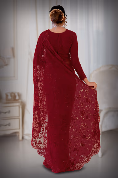 Red color cut bead and thread work saree — view 4 of 5