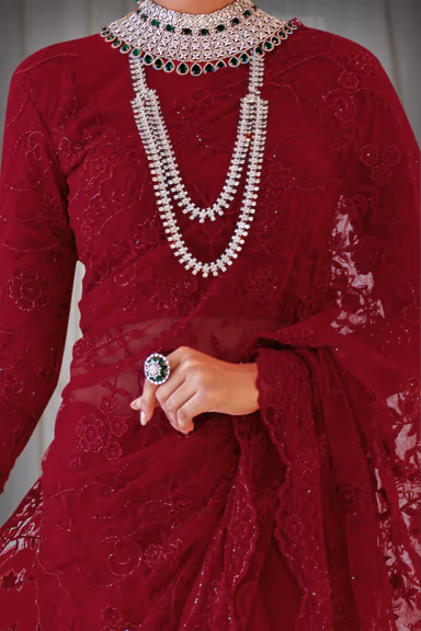 Red color cut bead and thread work saree — view 3 of 5