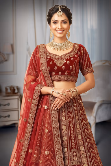 Maroon Shaded Velvet Lehenga with Green Pink Zari Floral Work — view 1 of 2