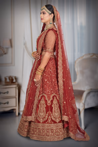 Maroonish - red lehenga with embrodery gold aari work and sequin work details — view 3 of 3
