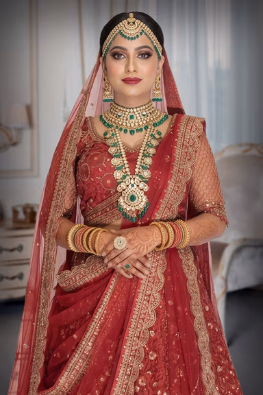 Maroonish - red lehenga with embrodery gold aari work and sequin work details — view 1 of 3