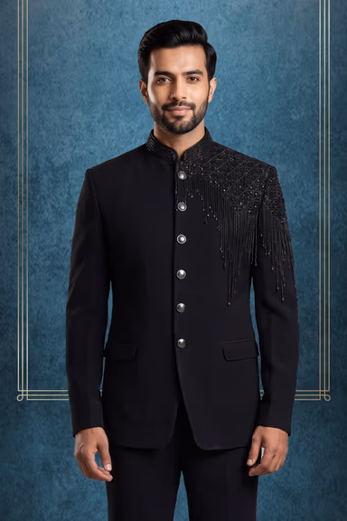 Men’s Black Bandhgala Suit with Sequined Shoulder Embellishment — view 2 of 3