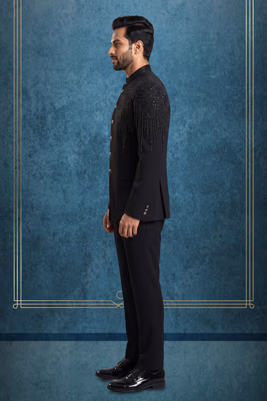 Men’s Black Bandhgala Suit with Sequined Shoulder Embellishment — view 3 of 3