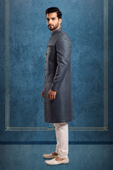 Men’s Deep Teal Self-Design Jacquard Indo-Western Sherwani with Ornamental Brooch — view 3 of 3