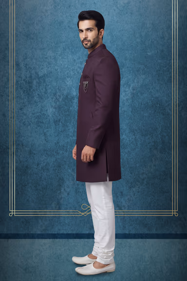 Men's Elegant Dark Charcoal Indowestern Sherwani with Brooch Accent — view 3 of 3