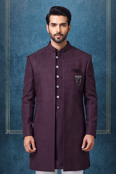 Men's Elegant Dark Charcoal Indowestern Sherwani with Brooch Accent — view 2 of 3