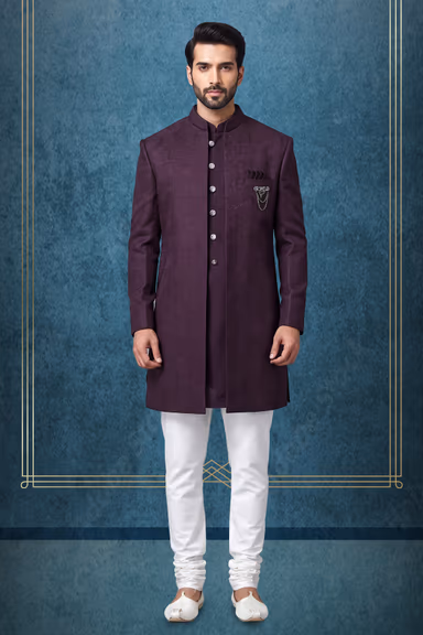 Men's Elegant Dark Charcoal Indowestern Sherwani with Brooch Accent — view 1 of 3