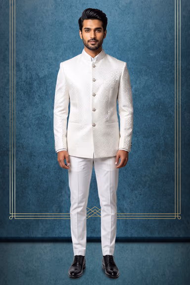 Men's Ivory & Silver Floral Quatrefoil Jacquard Jodhpuri Bandhgala Suit Jacket — view 1 of 3