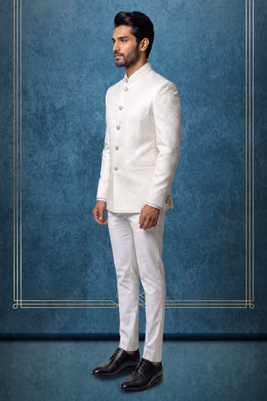 Men's Ivory & Silver Floral Quatrefoil Jacquard Jodhpuri Bandhgala Suit Jacket — view 3 of 3