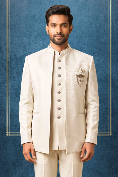 Men's Ivory & Silver Geometric Jacquard Jodhpuri Bandhgala Suit Jacket with Pocket Square & Brooch — view 2 of 2