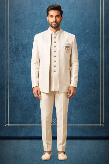 Men's Ivory & Silver Geometric Jacquard Jodhpuri Bandhgala Suit Jacket with Pocket Square & Brooch — view 1 of 2