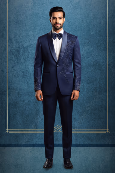 Men's Midnight Navy Blue Embroidered 3-Piece Tuxedo Suit with Bow Tie & Pocket Square — view 1 of 3