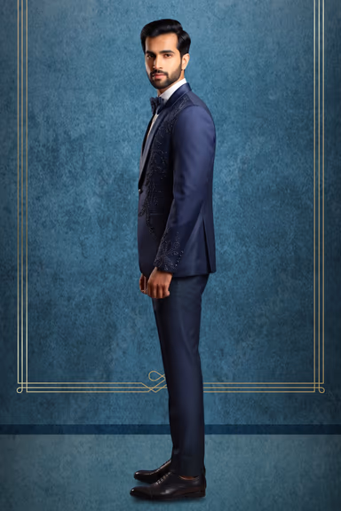 Men's Midnight Navy Blue Embroidered 3-Piece Tuxedo Suit with Bow Tie & Pocket Square — view 3 of 3
