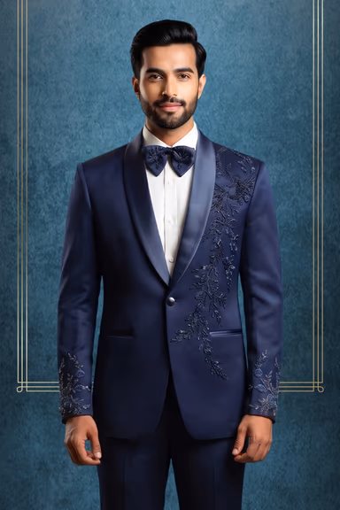 Men's Midnight Navy Blue Embroidered 3-Piece Tuxedo Suit with Bow Tie & Pocket Square — view 2 of 3