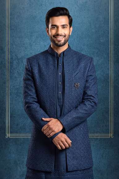 Men’s Navy Blue Embroidered Indo Western Sherwani Set — view 2 of 3