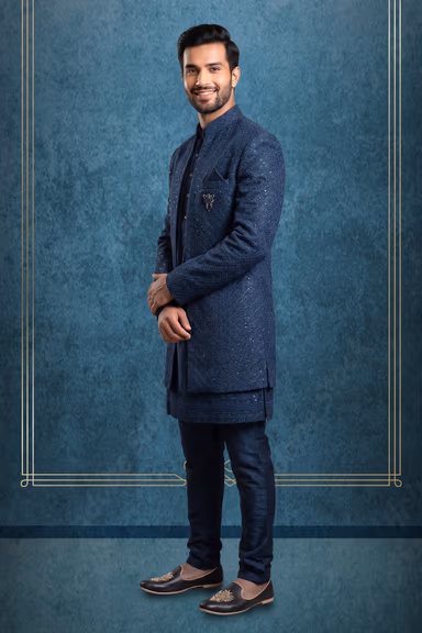 Men’s Navy Blue Embroidered Indo Western Sherwani Set — view 3 of 3