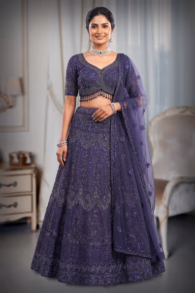 Midnight Blue Designer Lehenga Choli with Heavy Sequin Embroidery and Net Dupatta — view 2 of 3