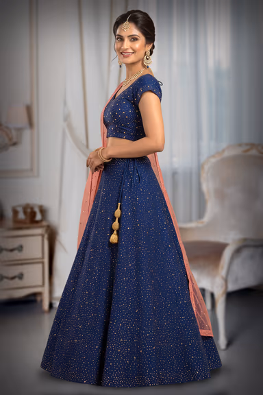 Midnight blue sequined lehenga with sweetheart blouse and soft pink dupatta — view 3 of 3