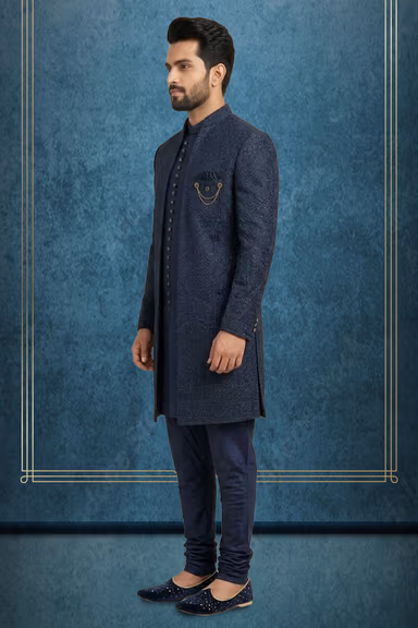 Midnight Blue Silk Indo-Western Sherwani with Geometric Lattice Threadwork & Medallion Border — view 3 of 3