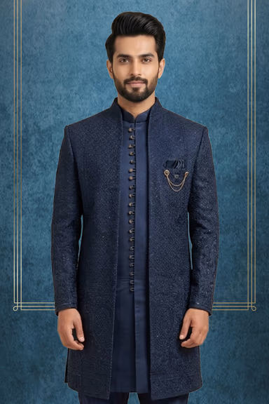 Midnight Blue Silk Indo-Western Sherwani with Geometric Lattice Threadwork & Medallion Border — view 2 of 3