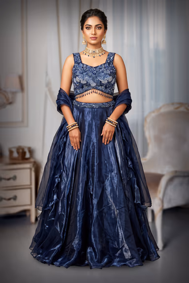 Midnight Navy Blue Ensemble With Silver Embellishments And Sheer Drapes — view 2 of 2