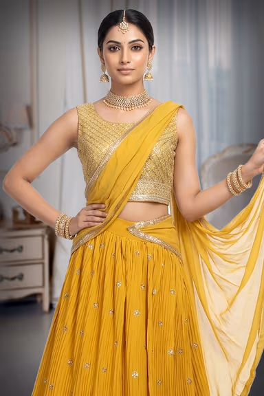 Minimalist Yellow Georgette Lehenga Embellished With Sequin Work And This Comes With Same Colour Blouse And… — view 1 of 4