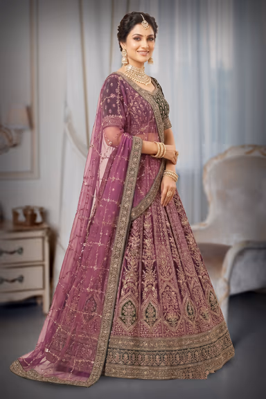 Mulberry Velvet Lehenga with Contrasting Blouse and Traditional Embroidery — view 3 of 3