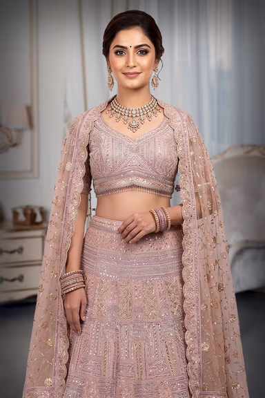 Multicolor Net Lehenga With Exquisite Threadwork And Panel Detailing Throughout The Lehenga — view 1 of 3
