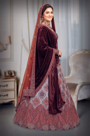 Multicolor Velvet Lehenga With Blue And Red Combination Blouse Along With Multicolor Threadworked Skirt And… — view 3 of 3