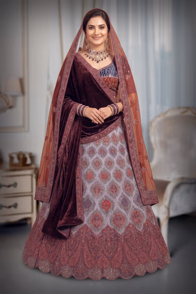 Multicolor Velvet Lehenga With Blue And Red Combination Blouse Along With Multicolor Threadworked Skirt And… — view 2 of 3