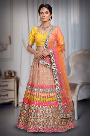 Multicolour Butterfly Net Mirror Work Lehenga — view 2 of 3