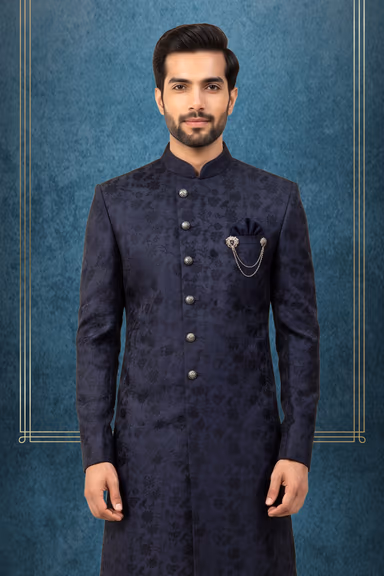 Navy Blue Floral Jacquard Sherwani With Gold Buttons — view 2 of 3