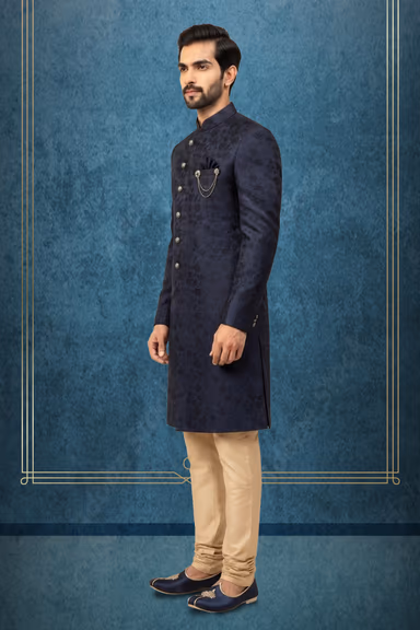 Navy Blue Floral Jacquard Sherwani With Gold Buttons — view 3 of 3