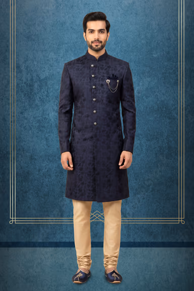 Navy Blue Floral Jacquard Sherwani With Gold Buttons — view 1 of 3