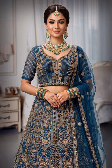 Navy Blue Gold Embroidered Bridal Lehenga — view 1 of 3