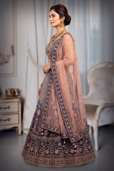 Navy Blue Heavy Thread worked Lehenga With Ombre Shade , Detailed Blouse And Minimal Dupatta — view 3 of 3