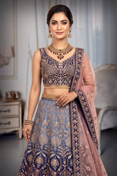 Navy Blue Heavy Thread worked Lehenga With Ombre Shade , Detailed Blouse And Minimal Dupatta — view 1 of 3