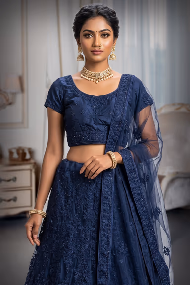 Navy Blue Intricate Embroidered Lehenga — view 1 of 3