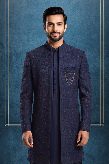 Navy Blue Jacquard Indo-Western Kurta Set with Embroidered Jacket and Churidar — view 2 of 3