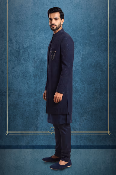 Navy Blue Jacquard Indo-Western Kurta Set with Embroidered Jacket and Churidar — view 3 of 3