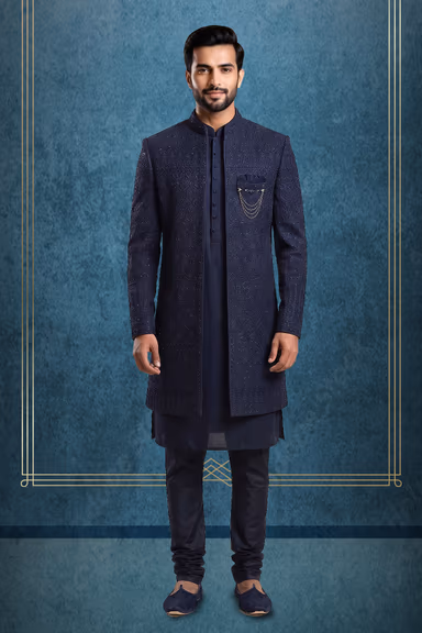 Navy Blue Jacquard Indo-Western Kurta Set with Embroidered Jacket and Churidar — view 1 of 3