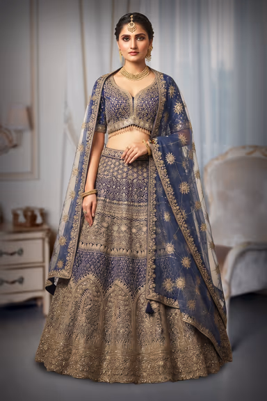 Navy blue Lehanga with intricate Golden Thread Work — view 2 of 2